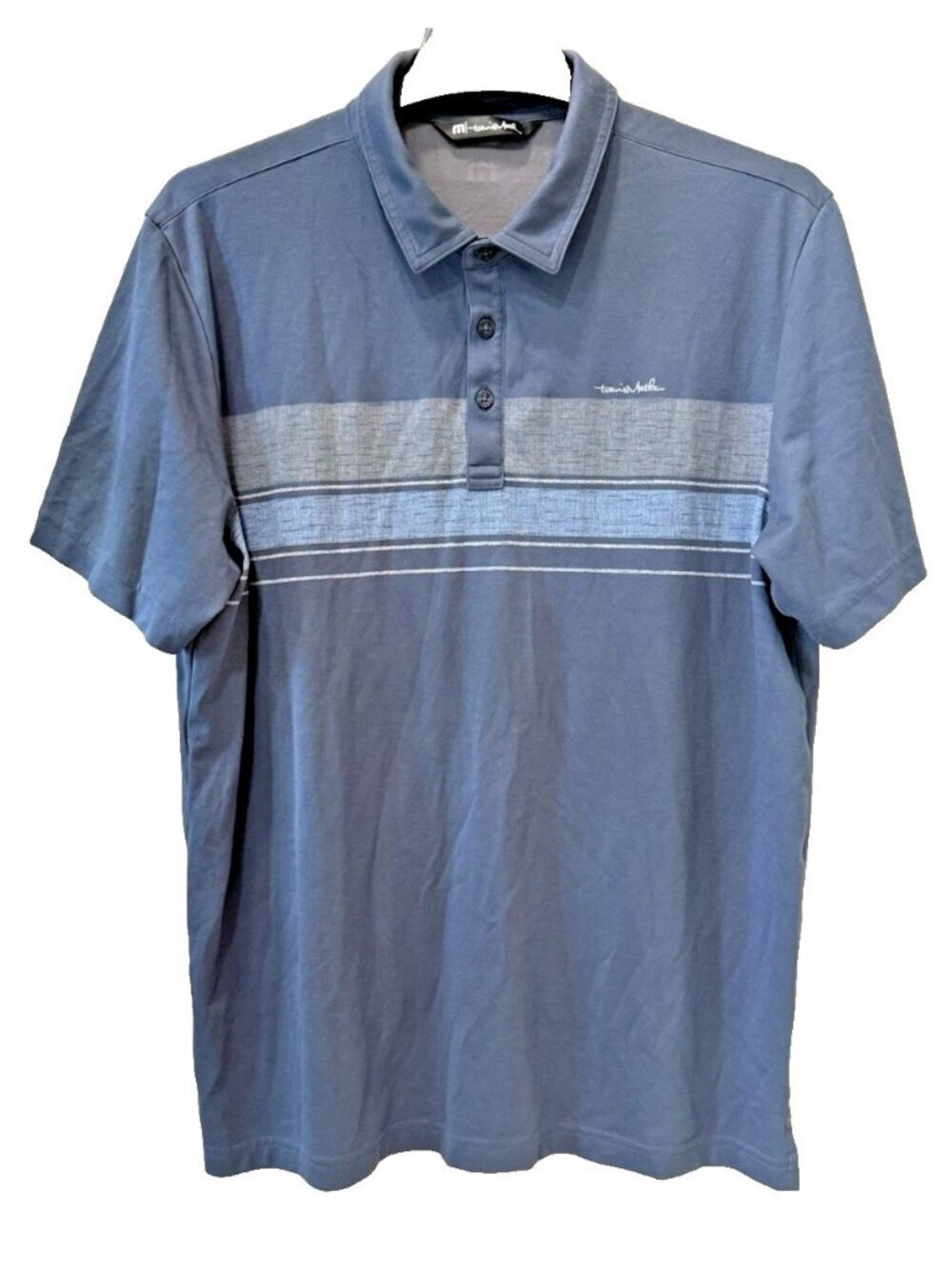 Travis Mathew Blue Golf Polo Shirt Sz XL Sleeve Logo Accent Stripe Pima Cotton